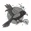An intricate design featuring Edgar Allen Poe's silhouette with a raven on his shoulder, framed by a night sky filled with stars tattoo design idea