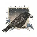 An intricate design featuring Edgar Allen Poe's silhouette with a raven on his shoulder, framed by a night sky filled with stars tattoo design idea