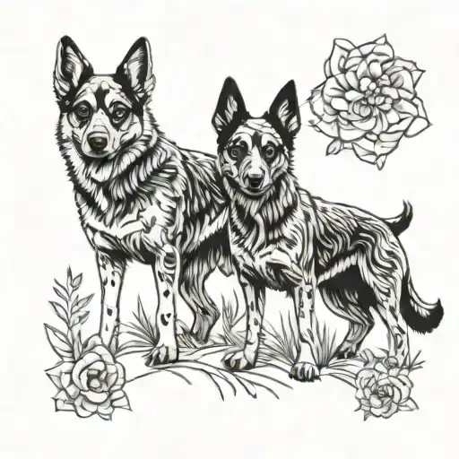 A tattoo design of two blue heelers playing with your daughters, showcasing your love for your pets and family tattoo design idea