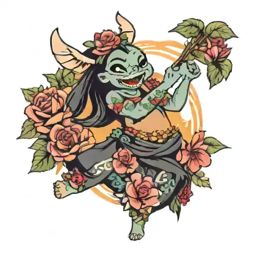 Stich dancing hula with roses around  tattoo design idea