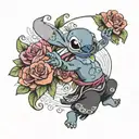 Stich dancing hula with roses around  tattoo design idea