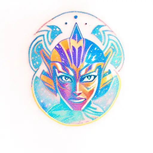 A vibrant purple, orange, and pink galaxy with a silhouette of Ahsoka Tano's headpiece tattoo design idea