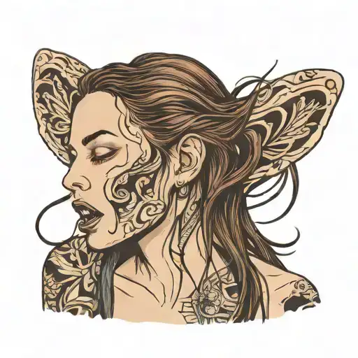 white woman, long straight wet brown hair, tongue sticked out, closed eyes tattoo design idea