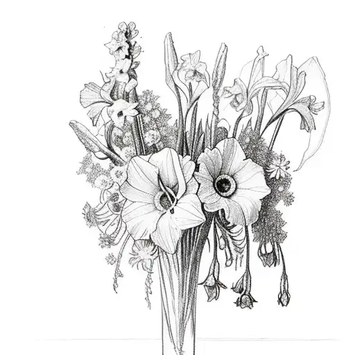 bouquet of gladiolus, narcissus, daisies, daffodils, larkspurs, violets, rose  tattoo design idea