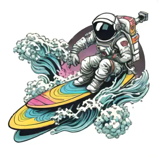 An astronaut on a surfboard on a wave like a blade. In a psychedelic style tattoo design idea