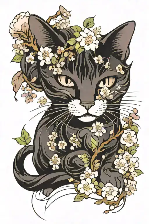 cat wrapped with cherry blossom flowers  tattoo design idea
