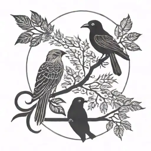A design of shadows, brotherhood, unity, laying stone,a bird posing on a branch with pirul leaves and three birds flying tattoo design idea