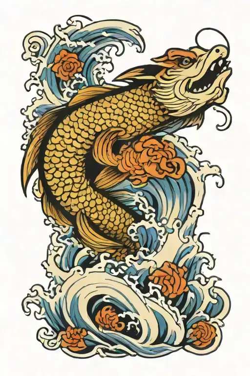 fish and waves with a dragon tattoo design idea