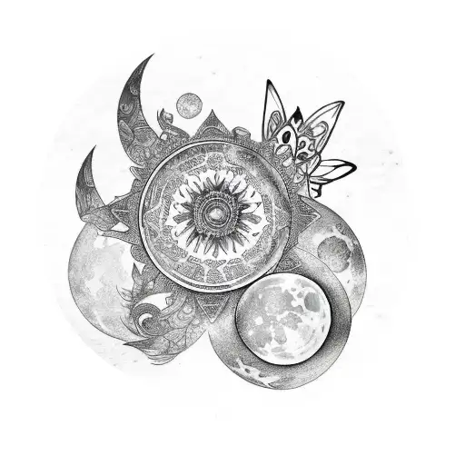 spine tattoo featuring moon phases with lotus flowers and butterflies tattoo design idea