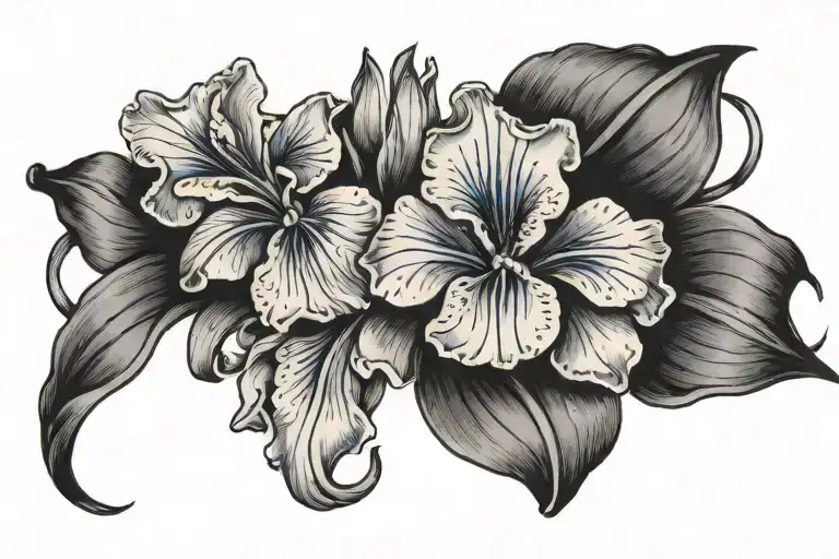 Iris and orange blossom flower garter band with thin blue ribbon running through the middle   tattoo design idea