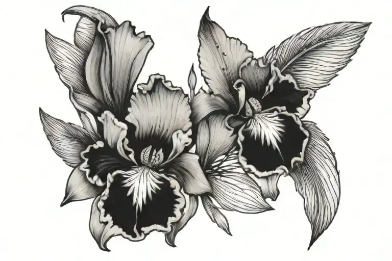 Iris and orange blossom with split feather tattoo design idea