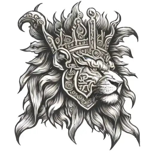 A lion's head with a warrior helmet, surrounded by biblical scripture 'Ephesians 20-9' tattoo design idea