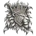 A lion's head with a warrior helmet, surrounded by biblical scripture 'Ephesians 20-9' tattoo design idea