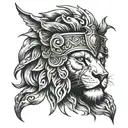 A lion's head with a warrior helmet, surrounded by biblical scripture 'Ephesians 20-9' tattoo design idea