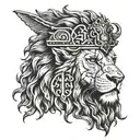 A lion's head with a warrior helmet, surrounded by biblical scripture 'Ephesians 20-9' tattoo design idea