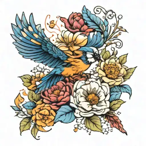 Marigold, peony, honeysuckle, Blue jay feather  Bella tattoo design idea
