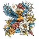 Marigold, peony, honeysuckle, Blue jay feather  Bella tattoo design idea