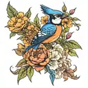 Marigold, peony, honeysuckle, Blue jay feather  Bella tattoo design idea