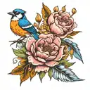 Marigold, peony, honeysuckle, Blue jay feather  Bella tattoo design idea
