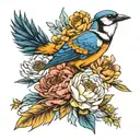 Marigold, peony, honeysuckle, Blue jay feather  Bella tattoo design idea