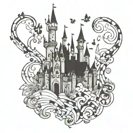 Create a tattoo design of a Disney castle made out of puzzle pieces, with a violin hidden in the background tattoo design idea
