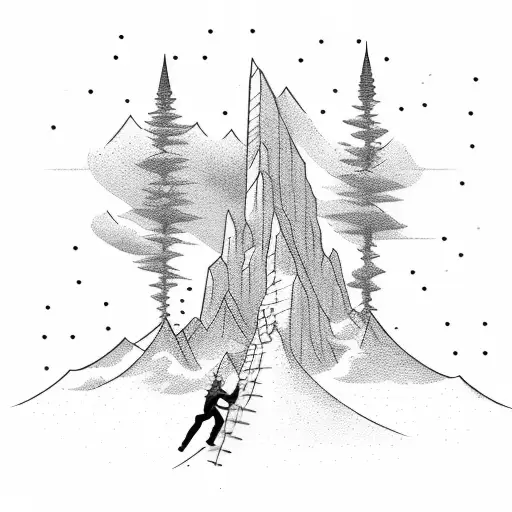 A climber conquering a towering mountain peak, with the words 'Strength' and 'Perseverance' in elegant script tattoo design idea