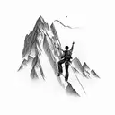 A climber conquering a towering mountain peak, with the words 'Strength' and 'Perseverance' in elegant script tattoo design idea