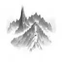 A climber conquering a towering mountain peak, with the words 'Strength' and 'Perseverance' in elegant script tattoo design idea