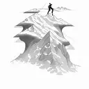 A climber conquering a towering mountain peak, with the words 'Strength' and 'Perseverance' in elegant script tattoo design idea