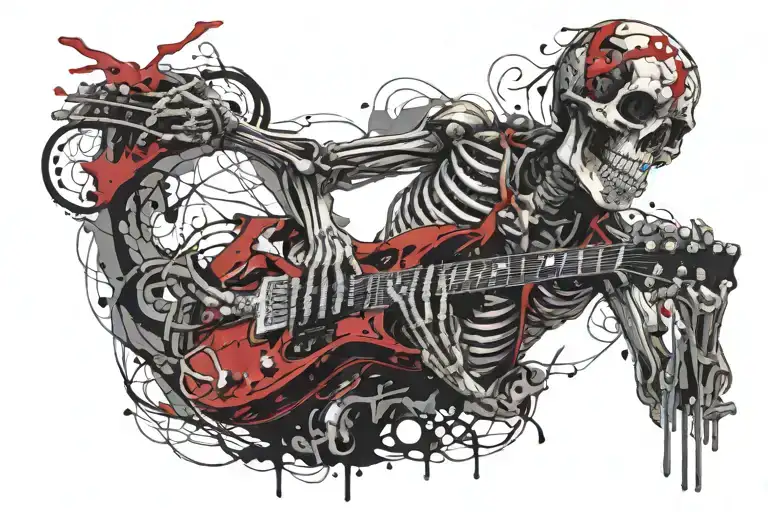 A skeleton warrior playing a guitar made of bones in a dungeon setting   tattoo design idea