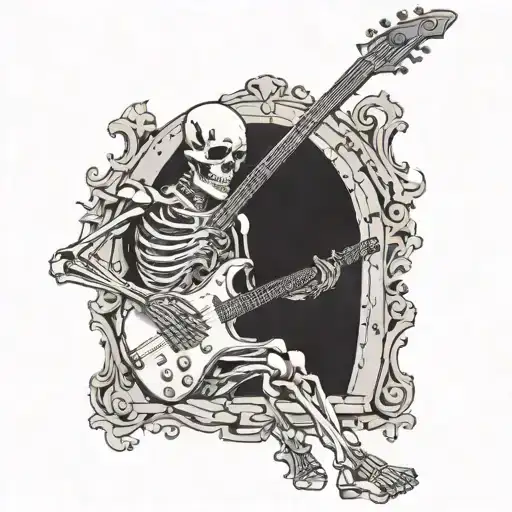 A skeleton warrior playing a guitar made of bones in a dungeon setting tattoo design idea