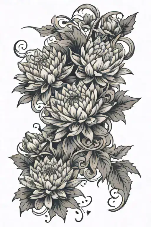 Chrysanthemums, water Lilly, aster floral sleeve for men tattoo design idea