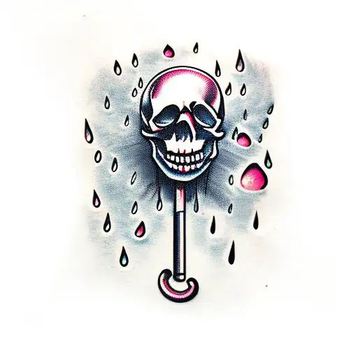 a skull holding an umbrella with rain drops  tattoo design idea