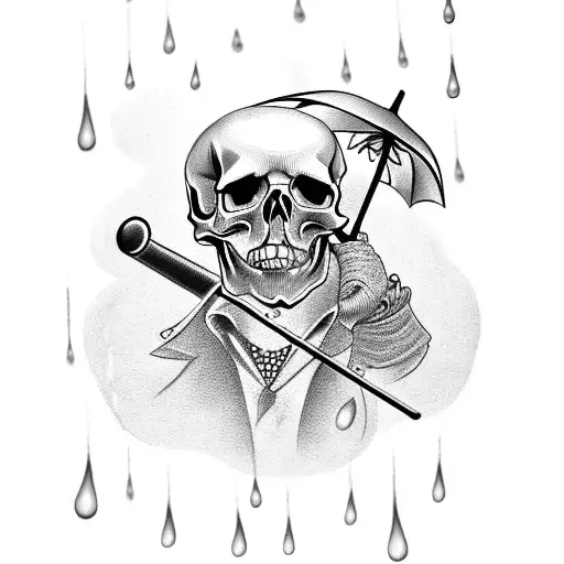 a skull holding an umbrella with rain drops  tattoo design idea