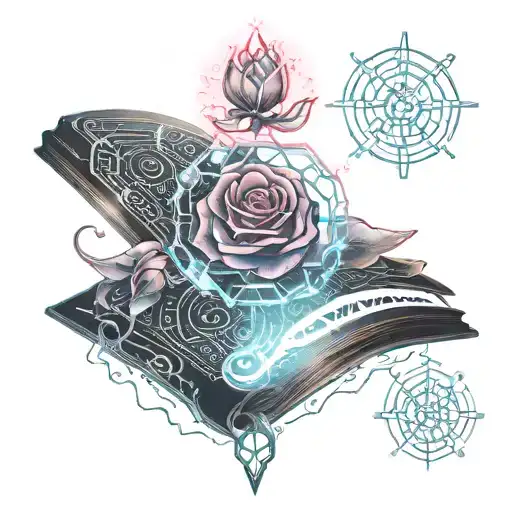 an open book growing a crystal rose tattoo design idea