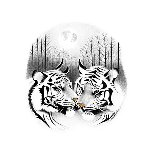 two tigers dancing in the forest under a full moon tattoo design idea