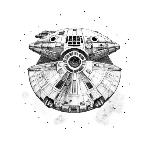 astronauta no espaço vendo uma perseguição sda Millenium Falcon  tattoo design idea