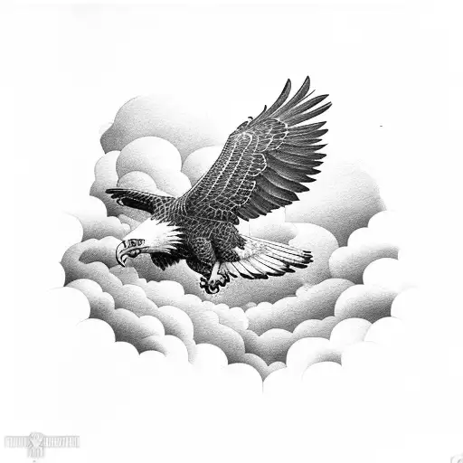 A majestic eagle soaring through a stormy sky, depicting strength and resilience. tattoo design idea