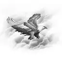 A majestic eagle soaring through a stormy sky, depicting strength and resilience. tattoo design idea