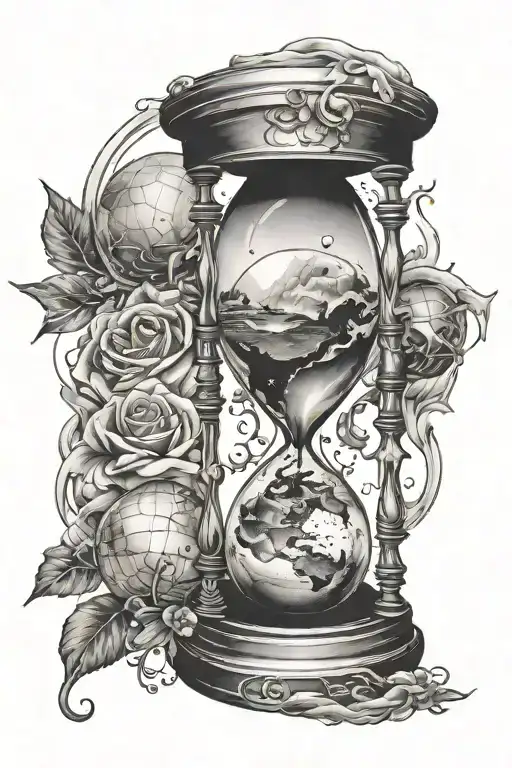 hourglass with galaxy and globe inside tattoo design idea