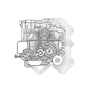 A detailed schematic of a motorbike engine intertwined with a stack of cash tattoo design idea