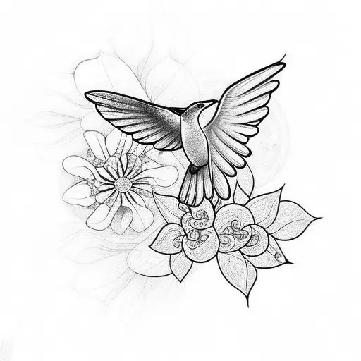 colibri with flores tattoo design idea