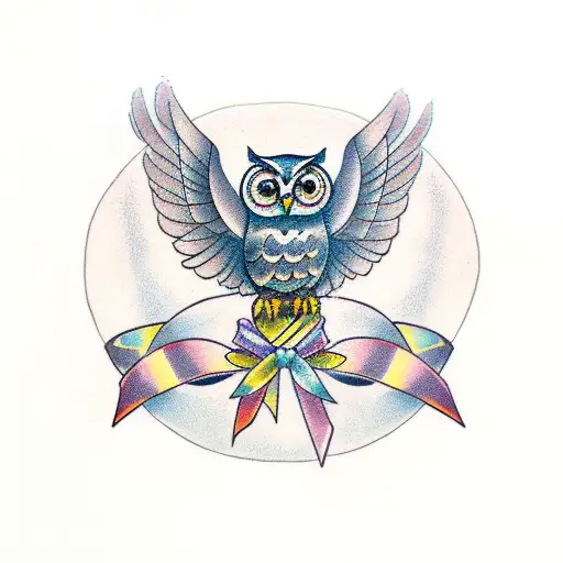 An owl with spread wings holding a ribbon in its paws tattoo design idea