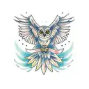 An owl with spread wings holding a ribbon in its paws tattoo design idea