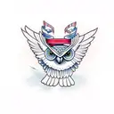 An owl with spread wings holding a ribbon in its paws tattoo design idea