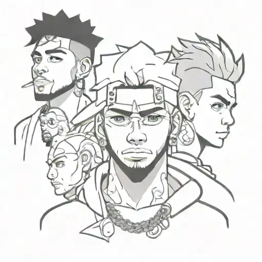 Anuel AA portrait with Inazuma Eleven characters incorporated into the design tattoo design idea