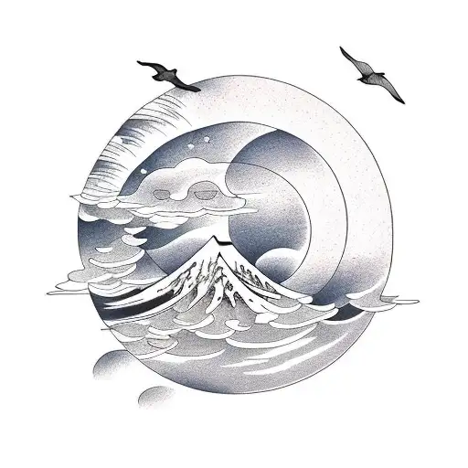 sun, moon, mountain, sea and birds tattoo design idea