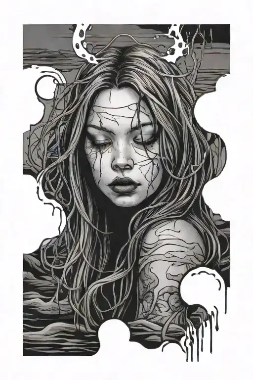 depressed woman with long hair drowning in the swamp tattoo design idea