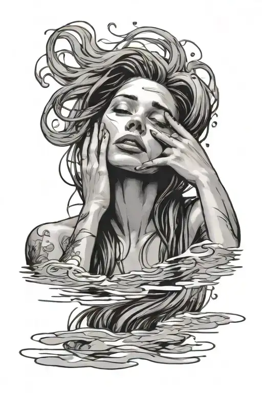 depressed woman with long hair drowning in water on half her face with her hands on her head tattoo design idea