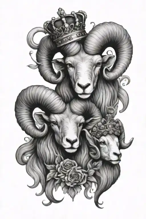 male and female rams with king and queen crowns in love tattoo design idea